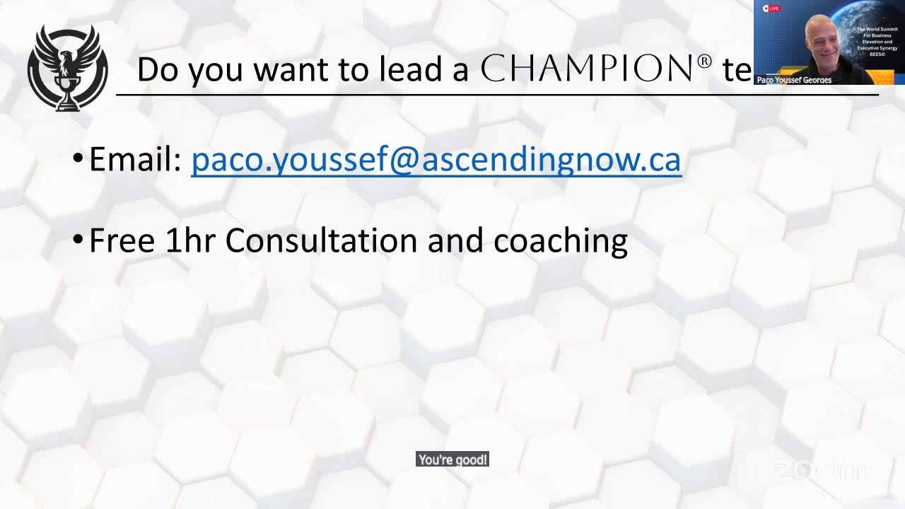 🐝 B.E.E.S World Summit| Ascending: Lead your team to win like a Champion with Paco Youssef