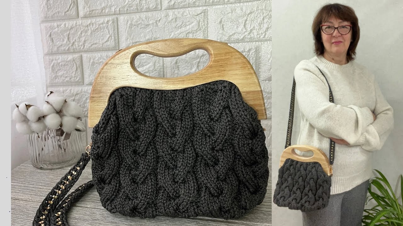 Ридикюль спицами с деревянным фермуаром и ремешком на плечо. Knitted reticule with a wooden clasp