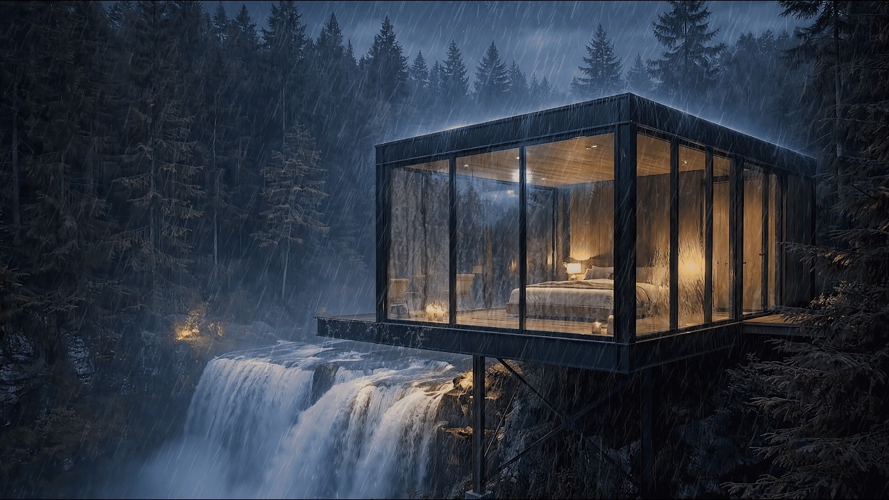 Rainy Glass Cabin by Waterfall 🌧️ Ultimate Relaxing ASMR for Deep Sleep