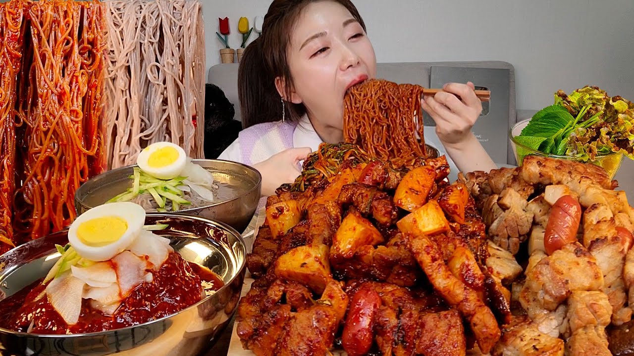 ASMR 역시 꾸꾸삼겹👍🏻 삼겹살 고추장삼겹살 물냉면 비빔냉면 리얼먹방 :) Samgyeopsal, Cold noodles, Spicy Cold Noodles MUKBANG