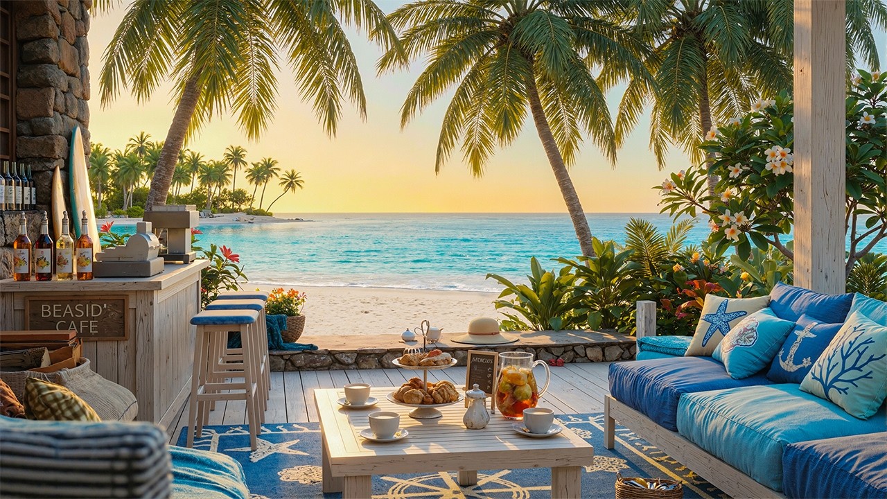 Morning Seaside Café with Ocean Wave Sounds ☕ 🌊 Peaceful Bossa Nova Jazz for Calm Reflection