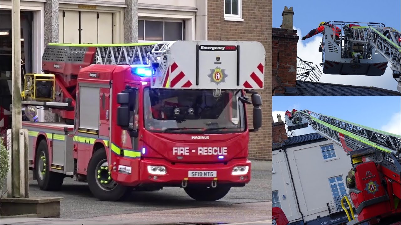 RARE - Leamington Spa Turntable Ladder turnout & on-scene at incident during Storm Franklin
