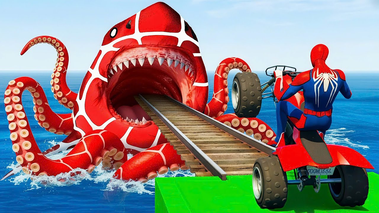 سبايدر مان اصعب دراجة نارية فوق اسماك القرش - Superheroes Ride on Motorcycle Stunt Funny Moments??