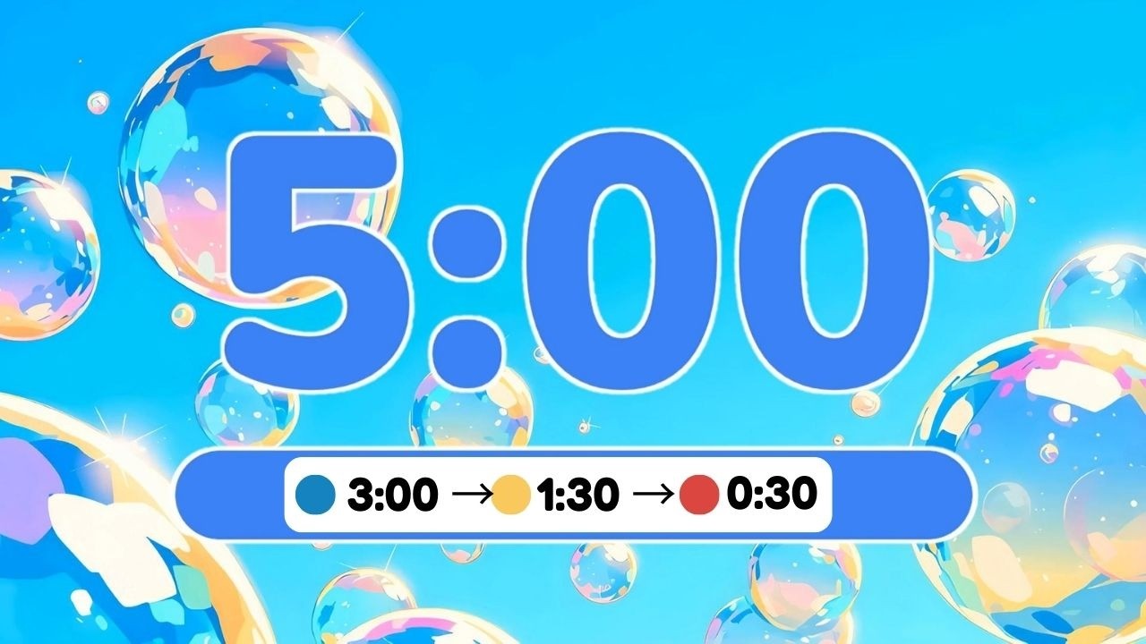 5 Minute timer with music for classroom relaxing Blue Sky Soap Bubbles