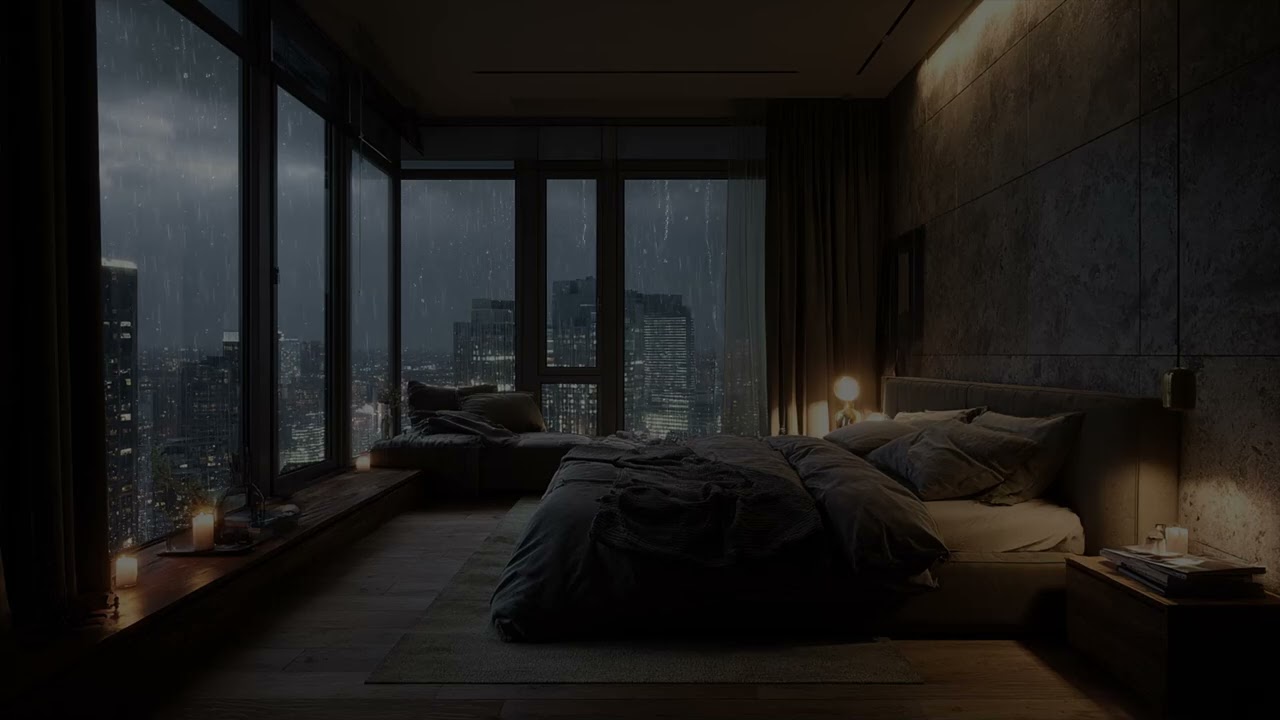 Rain streams down tall glass windows 🌧️ as you watch the glowing city far below from bed