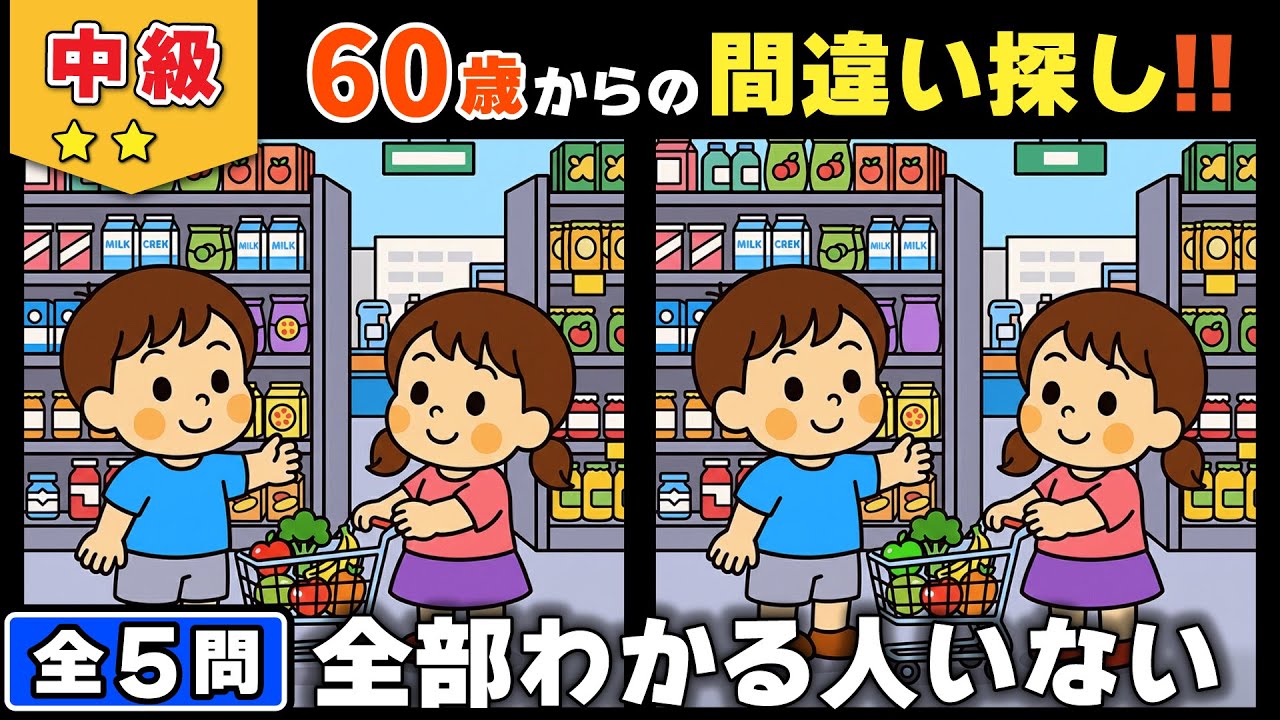 【脳トレ】間違い探し★中級編★全5問｜最後まで気を抜かずに挑戦！集中力チェック #159