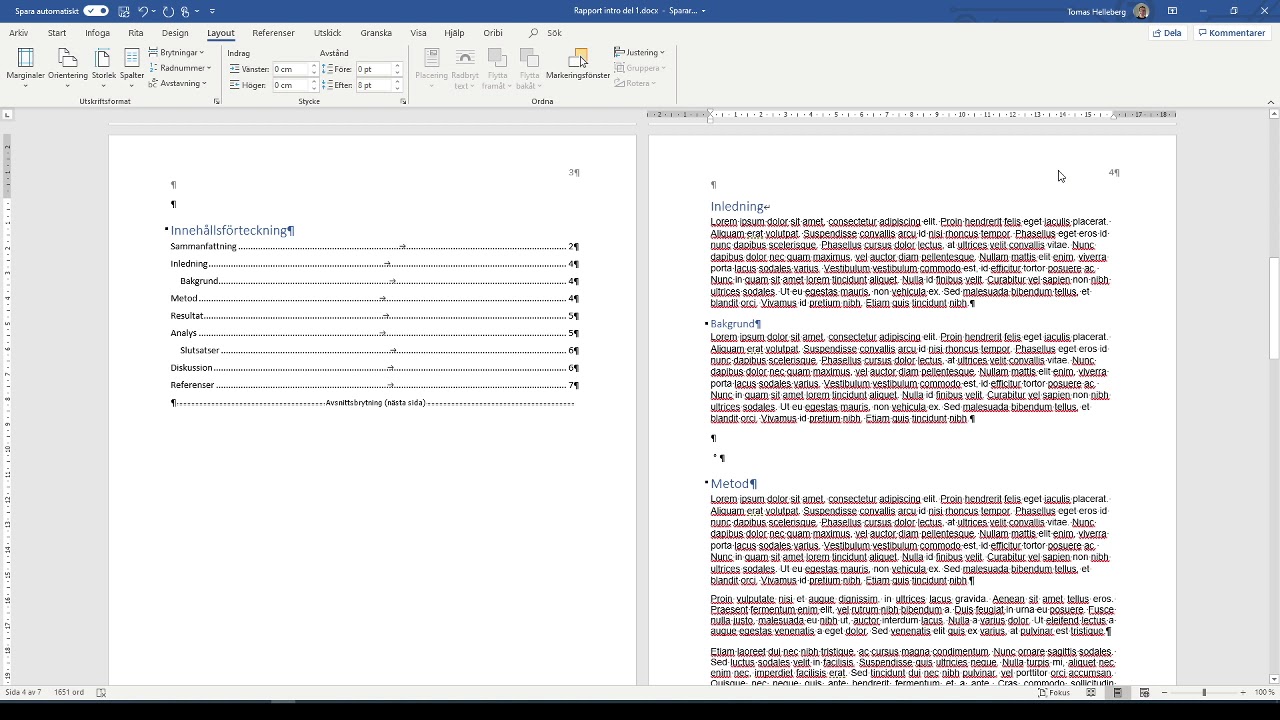 Sidnummer som startar på sida 4, Word 2021, Rapport i Word del 2.