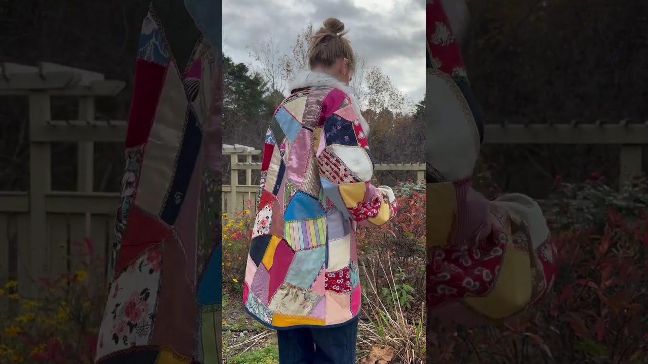 Faux fur collared jacket with silk crazy quilt hand stitched patchwork.  #quiltcoat #fauxfurcoat