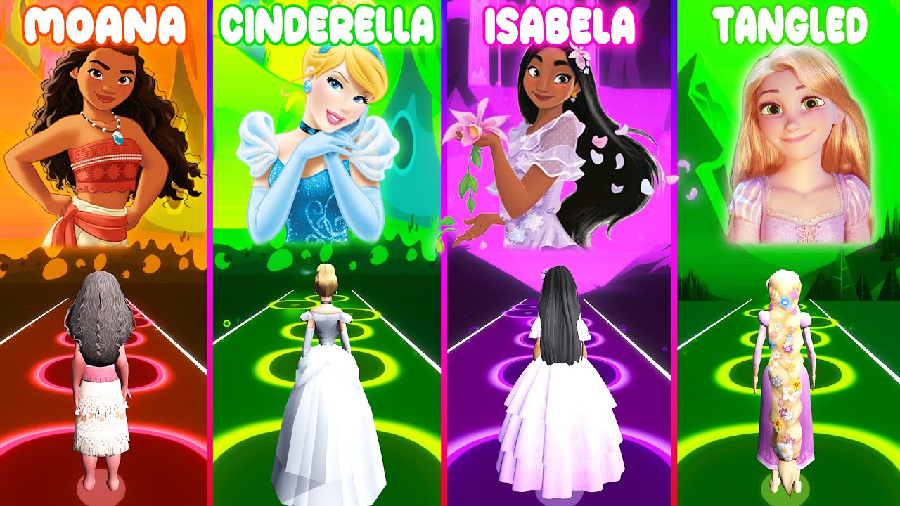Moana VS Cinderella VS Encanto Isabela VS Tangled But In Tiles Hop!