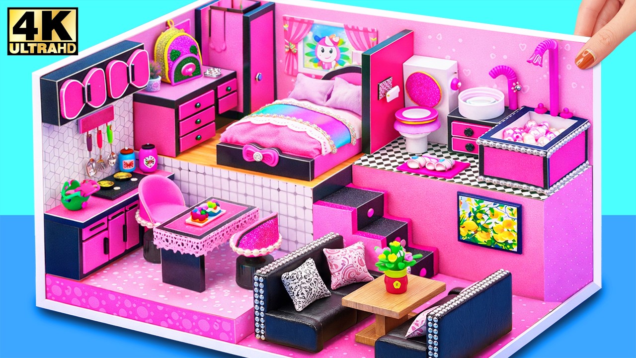Make a Black and Pink Miniature House with Stylish Bedroom and Luxury Bathtub ❤️ DIY Miniature House