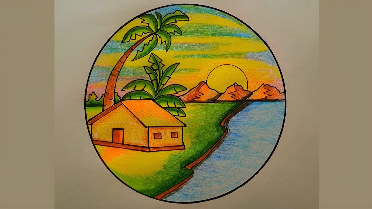 সূর্যদয়ের দৃশ্য অংকন || Draw A Beautiful Village Sunrise Scenery With Color Pencil. #art #scenery 