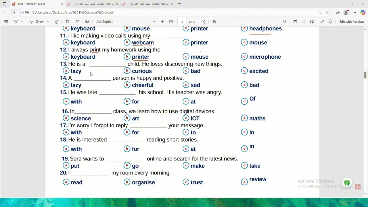 مراجعة انجليزي شهر اكتوبر للصف الاول الاعدادي 