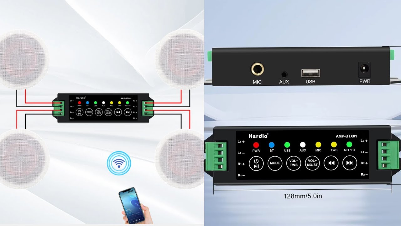 Mini Amplificador 4 canais 200 W para som ambiente Herdio  Bluetooth 5.0 - AMP-BTX01 .