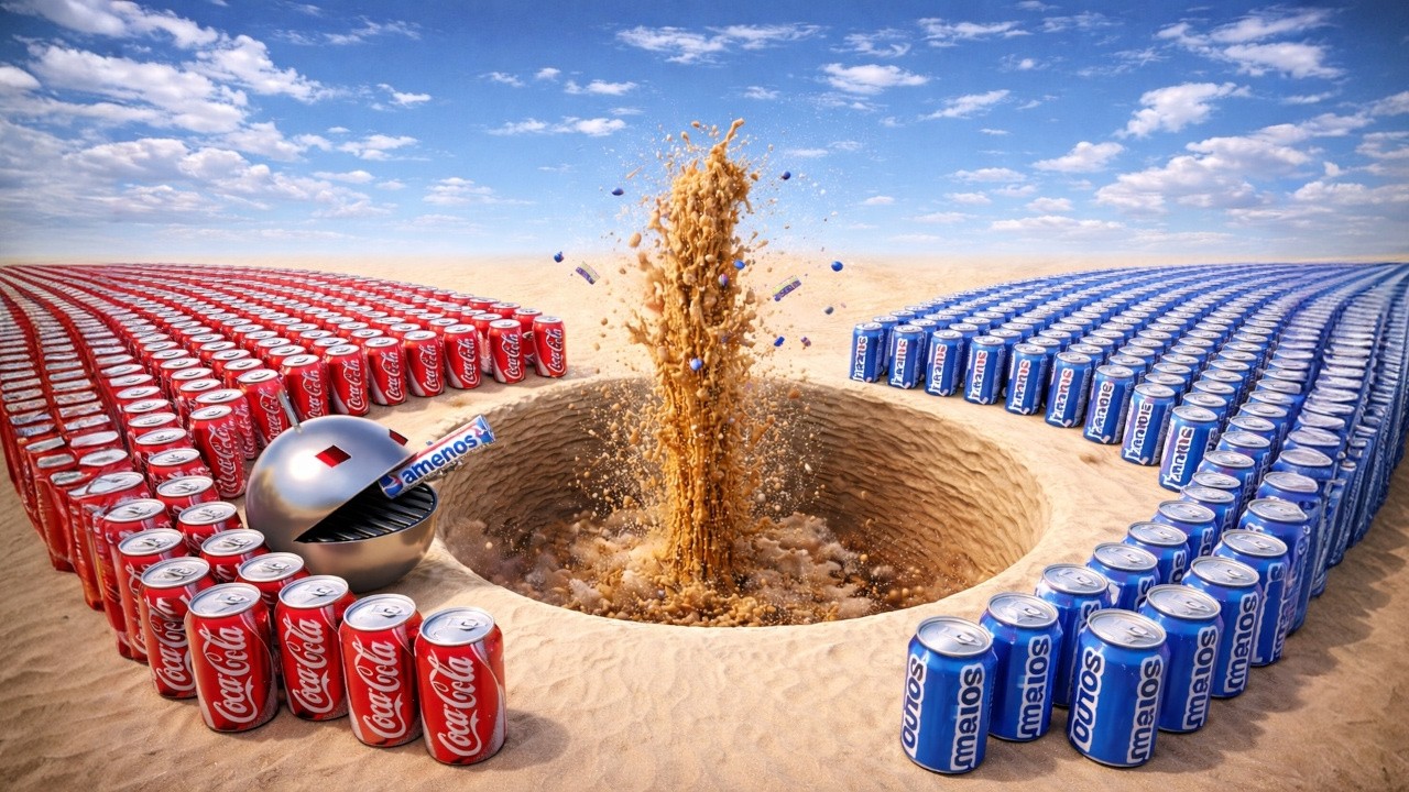 Experiment: Robot Pacman, Giant Coca-Cola, Mtn Dew, Sprite, Fanta and Mentos in Circle Hole