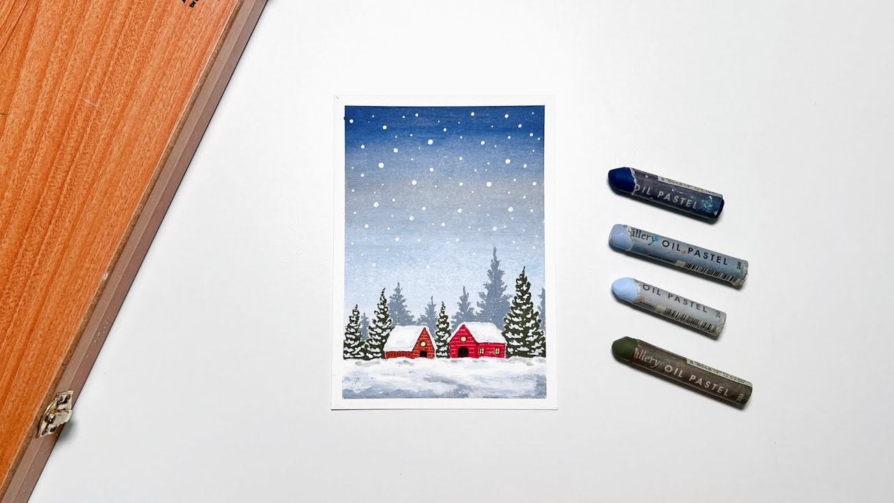 오일파스텔 초보, 눈 내리는 겨울 풍경 그리기❄️배속 없는 영상 | Oil pastel drawing for Beginner