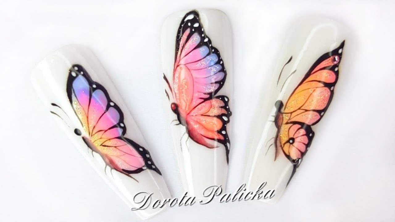 Hand-painted Butterfly nail trends, gel polish spring, summer 2019 nail art,