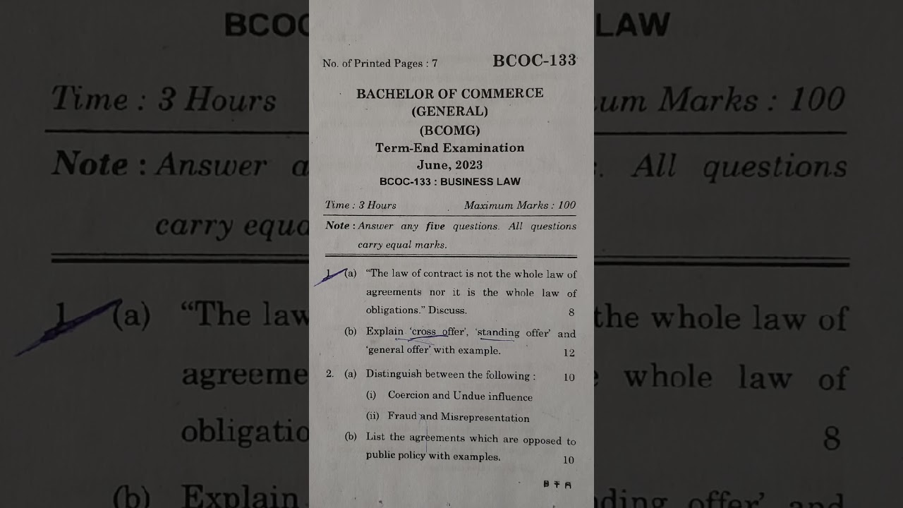 BCOC-133 Business Law|Question paper| #ignou #bcomg #businesslaw #previousyearquestions