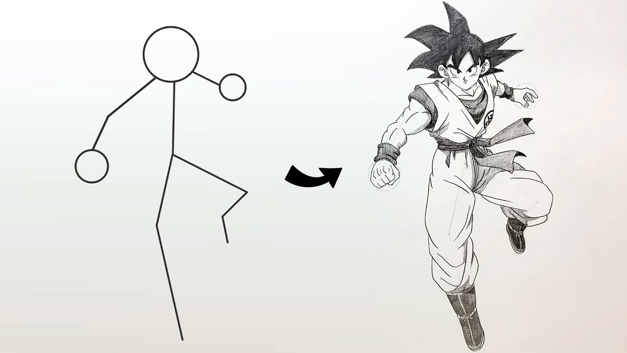 How to Draw Goku Full Body from a Stick Man || Easy Step-by-Step || Dragon Ball