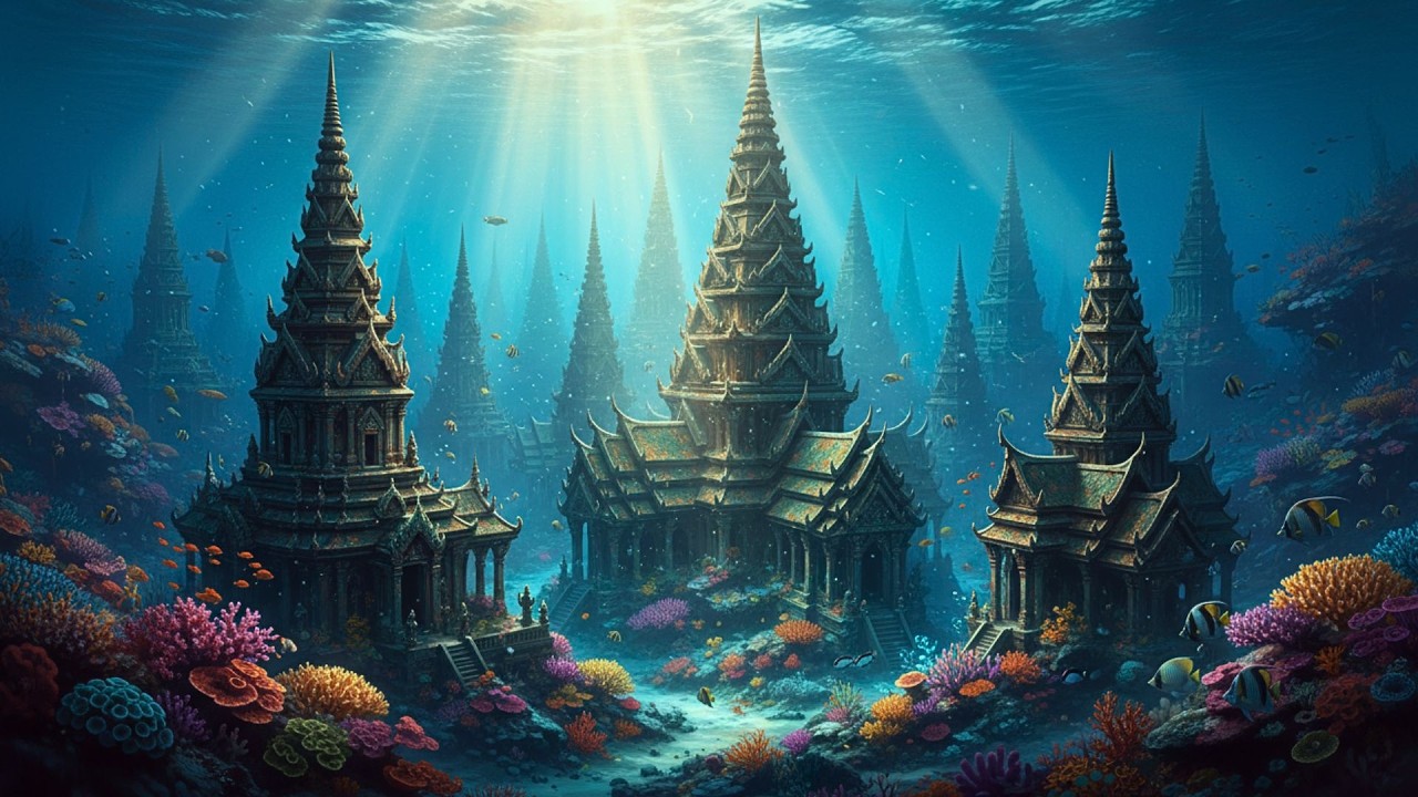 Eternal Underwater City | Golden Domes and Vibrant Coral Reefs Illuminated by Sunbeams