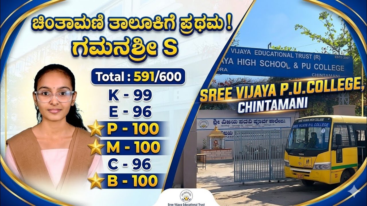 2nd PUC Result ಶ್ರೀ ವಿಜಯ pu ಕಾಲೇಜಿನ ಗಮನಶ್ರೀ ತಾಲೂಕಿಗೆ ಪ್ರಥಮ 600 ಕ್ಕೆ 591 