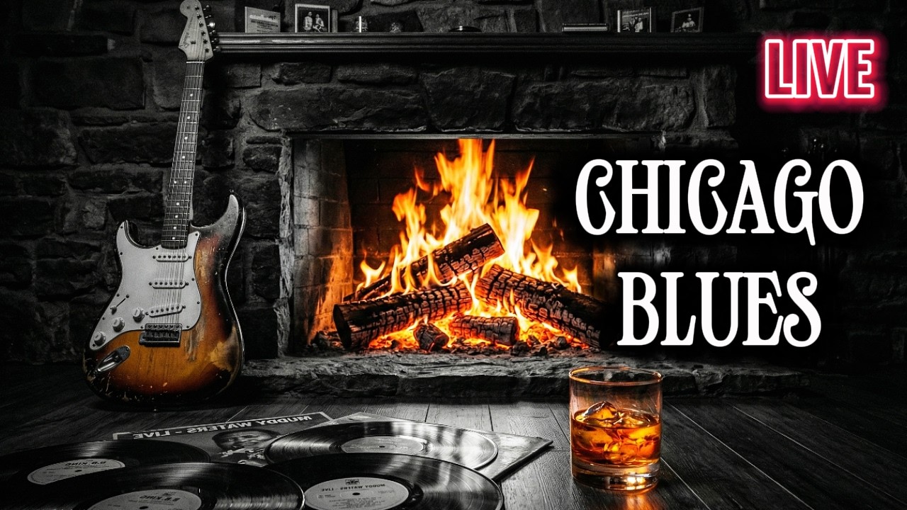 🎧 Chicago Blues Instrumental  -  24/7 Blues Fireplace & Whiskey Nights 🎶
