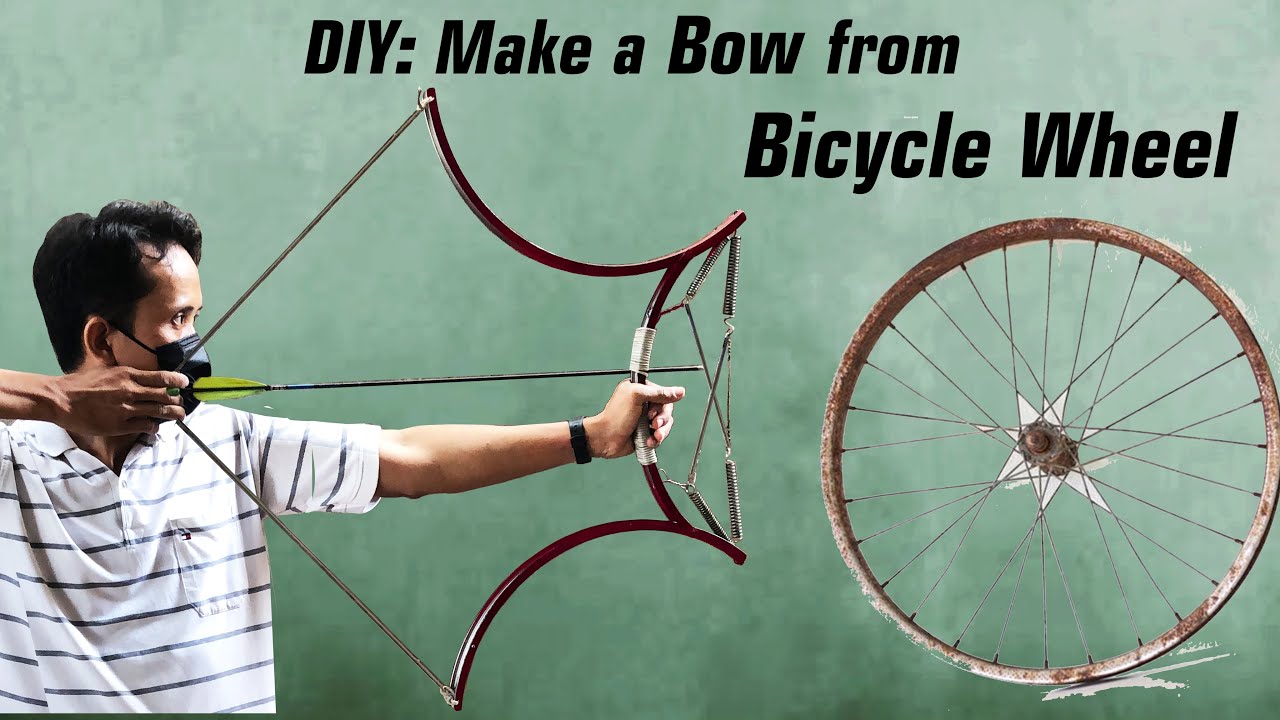 Bow made from bicycle wheel, arrow rest made from PVC pipe