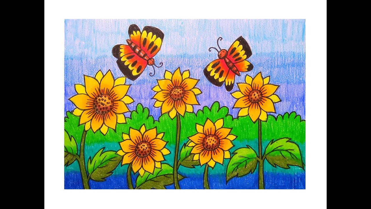 HOW TO DRAW BUTTERFLY AND SUNFLOWER SCENERY DRAWING | SCENERY DRAWING OF SUNFLOWER & BUTTERFLY