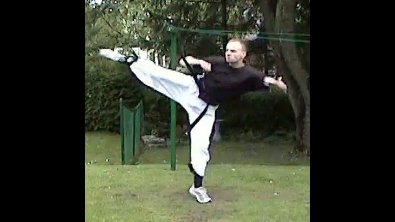 Taekwondo: Hapkido: Foundations: Flying hooking kick - side view
