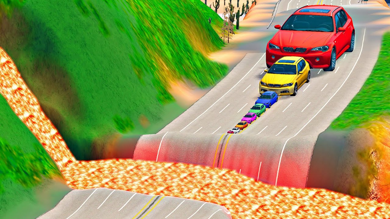 Big & Small Cars vs Hot Lava River #2 - BeamNG.Drive
