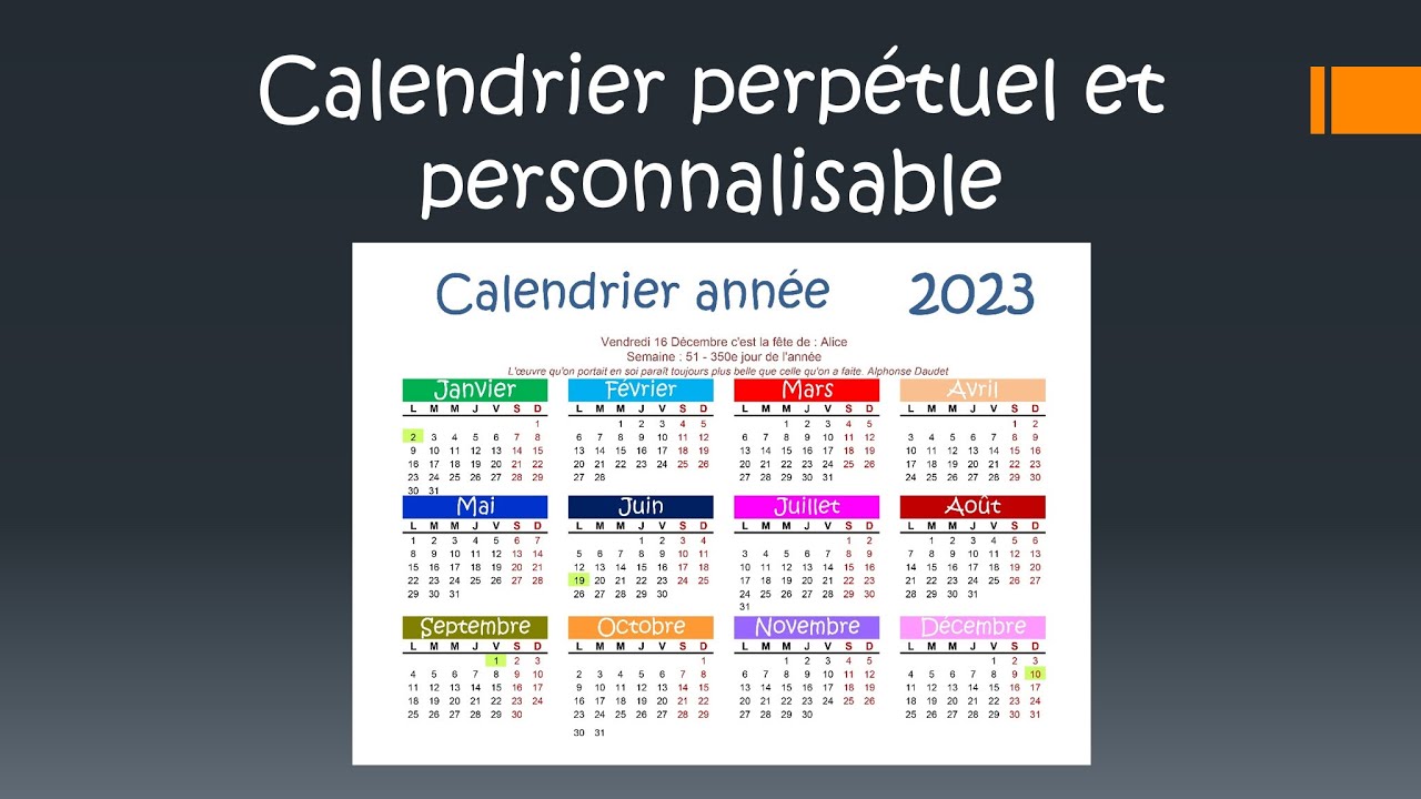 Calendrier perp&eacute;tuel et personnalisable sous Excel