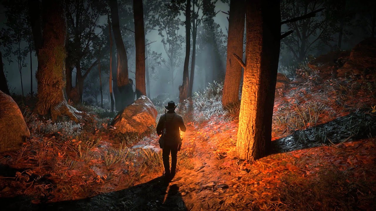 4K Relaxing Walking in a Forest at Night with a Lamp | RDR2 Forest and Nature Sounds