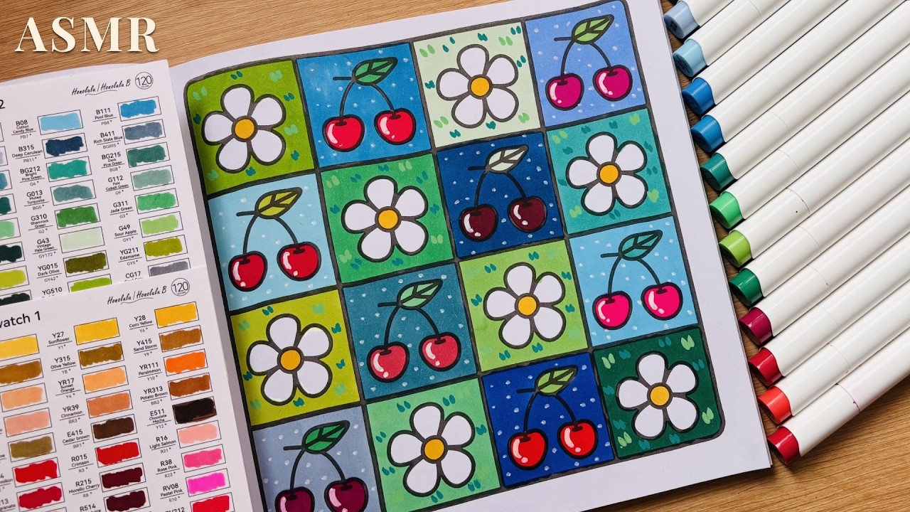 ASMR Coloring Cherries & Flowers | Relaxing Alcohol Marker Sounds | No Talking