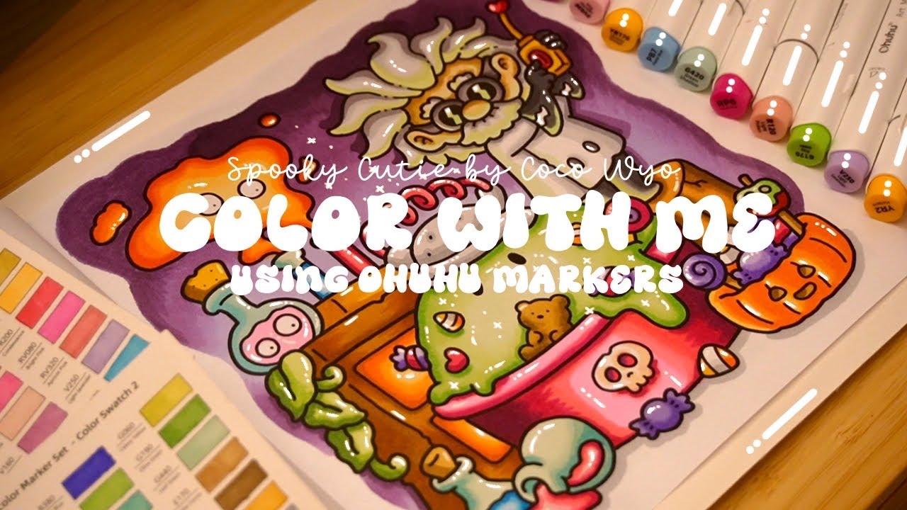Color with me (ASMR) 🎃👻 'Spooky Cutie Vol. 2' by Coco Wyo using Ohuhu markers🌱✏️#adultcoloring #asmr