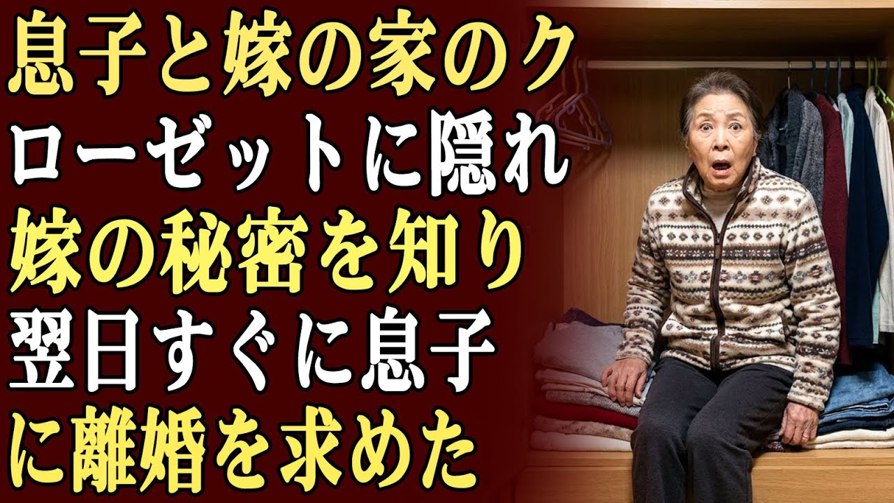 息子と嫁の家のクローゼットに隠れていたら、嫁の衝撃的な秘密を発見し、翌日すぐに息子に離婚を求めた。