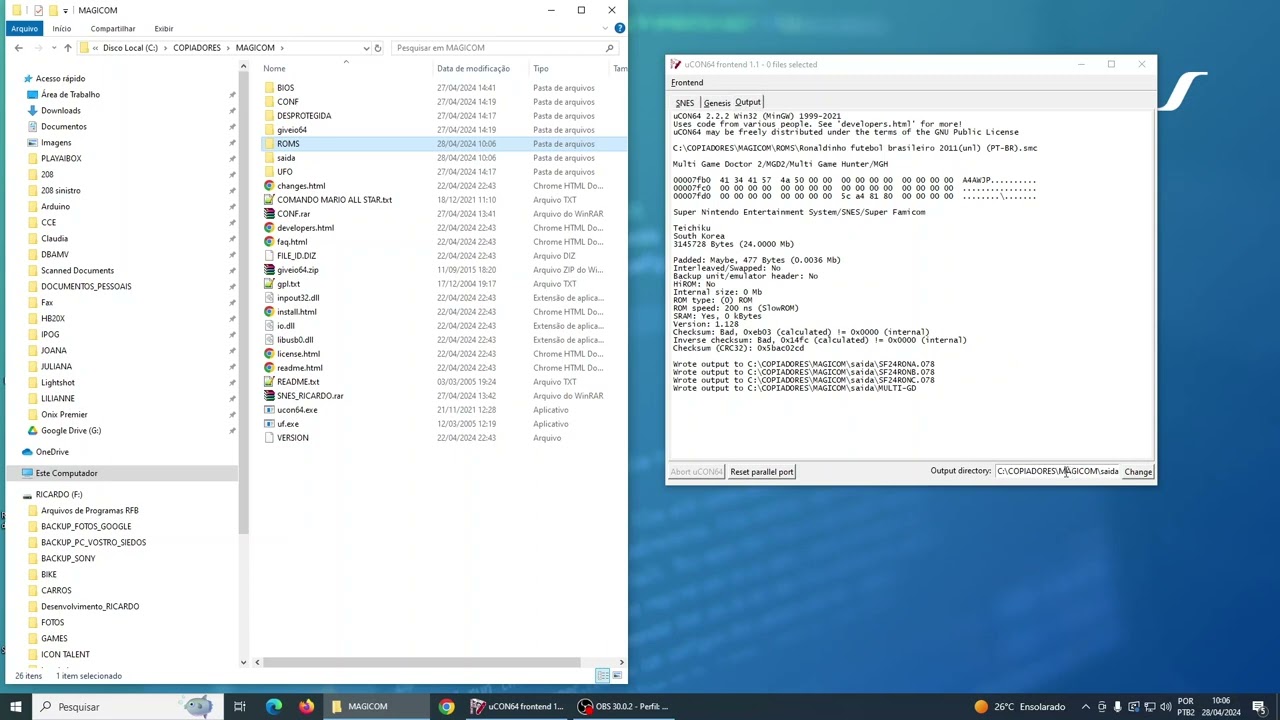 Com usar o uCon64 frontend 1.1 (uf.exe)  ucon64.exe SUPER MAGIC DRIVE,  SUPER MAGICOM e WILD CARD