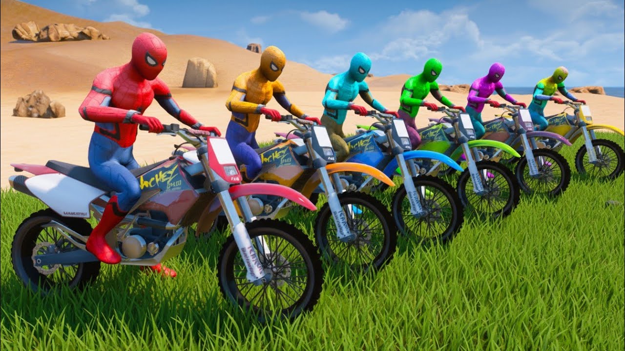 CARS and MOTORCYCLES with SPIDERMAN and HEROES - COLORFUL SPIRAL STAIRCASE RAMP CHALLENGE