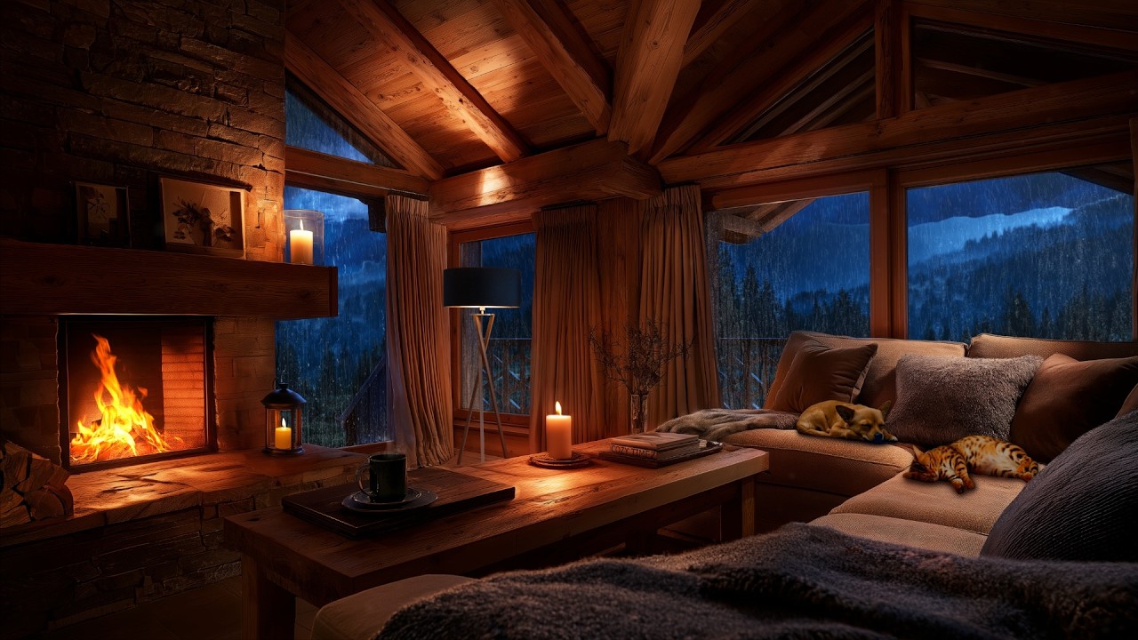 Rain, Thunder & Fireplace Sounds at Night | Relaxing Cabin Ambience with Sleeping Pets