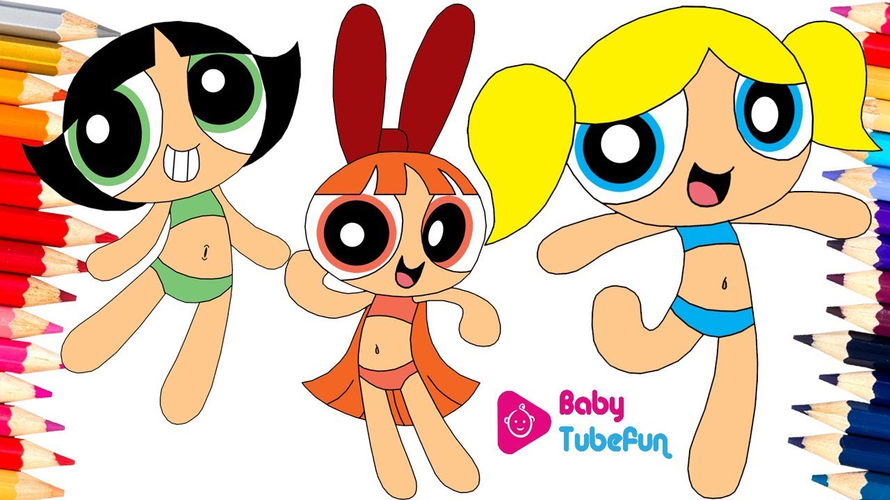 Colouring Powerpuff Girls in swim wear  Rowdyruff Boys Brick Boomer Butch Blossom Bubbles surprise