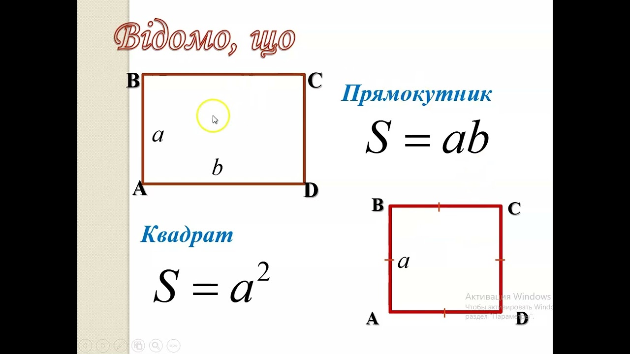 Площа  прямокутника і квадрата