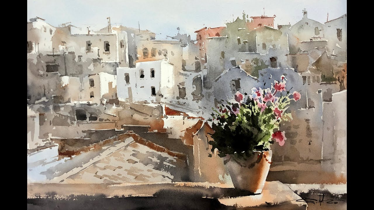 Flowerpot on Balcony Speed Up Cityscape Watercolor Demo