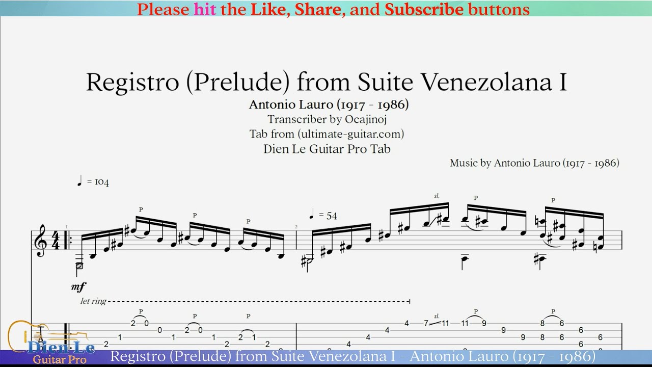 Registro (Prelude) from Suite Venezolana I-Antonio Lauro (1917-1986) for Classical Guitar with TABs