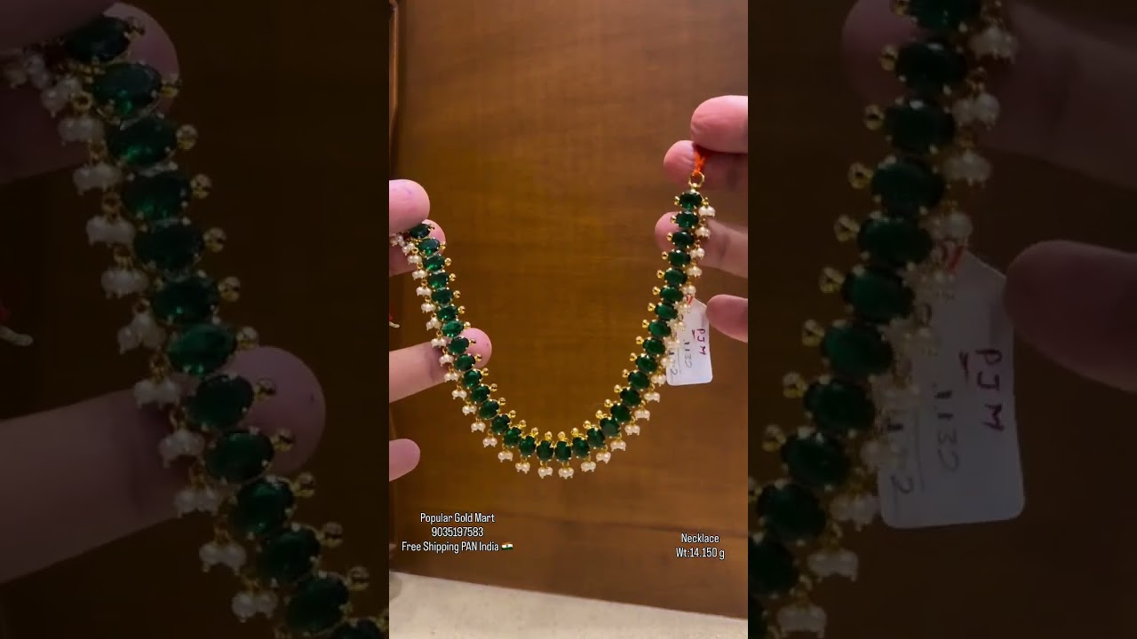 stylish green stone with pearl beads necklace designs and jewellery collections start from 14 grams