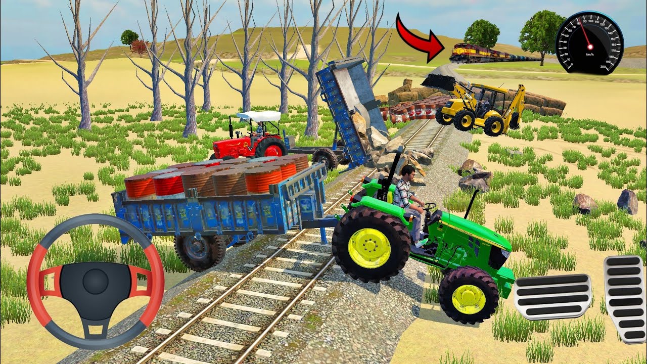 Tractors and jcb jamm on track 😰 train coming fast #track #viral #games #jcb #johndeere #train #dj 