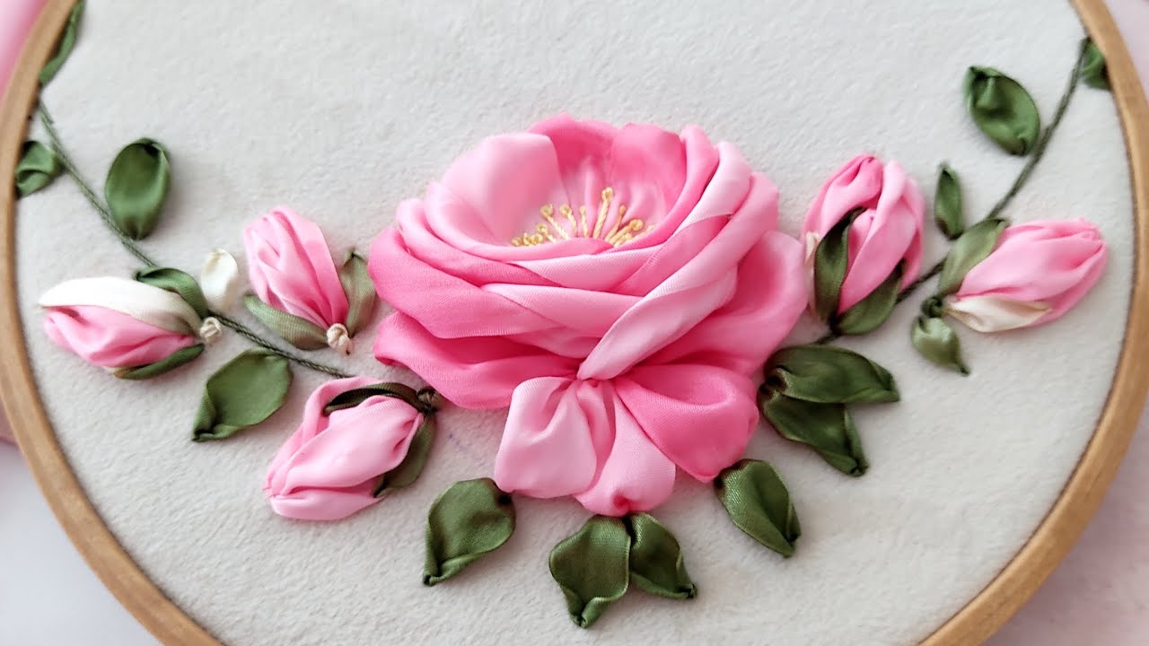 آموزش گل رز #روباندوزی#emberoiderytechnique#ribbonart    #ribbon_embroidery#embroiderytutorial
