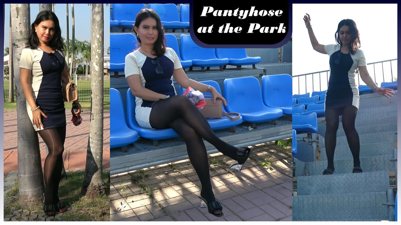 Shiny Pantyhose. Short Dress & Heels at the Park & Sport Stadium