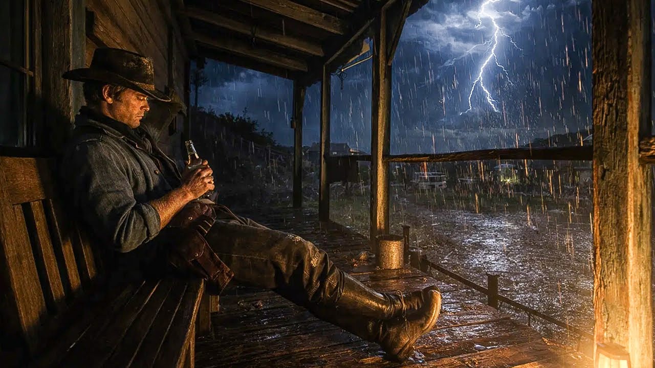Arthur's Lonely Moment Under a Tin Roof Porch During Heavy Thunderstorm | RDR2 ASMR