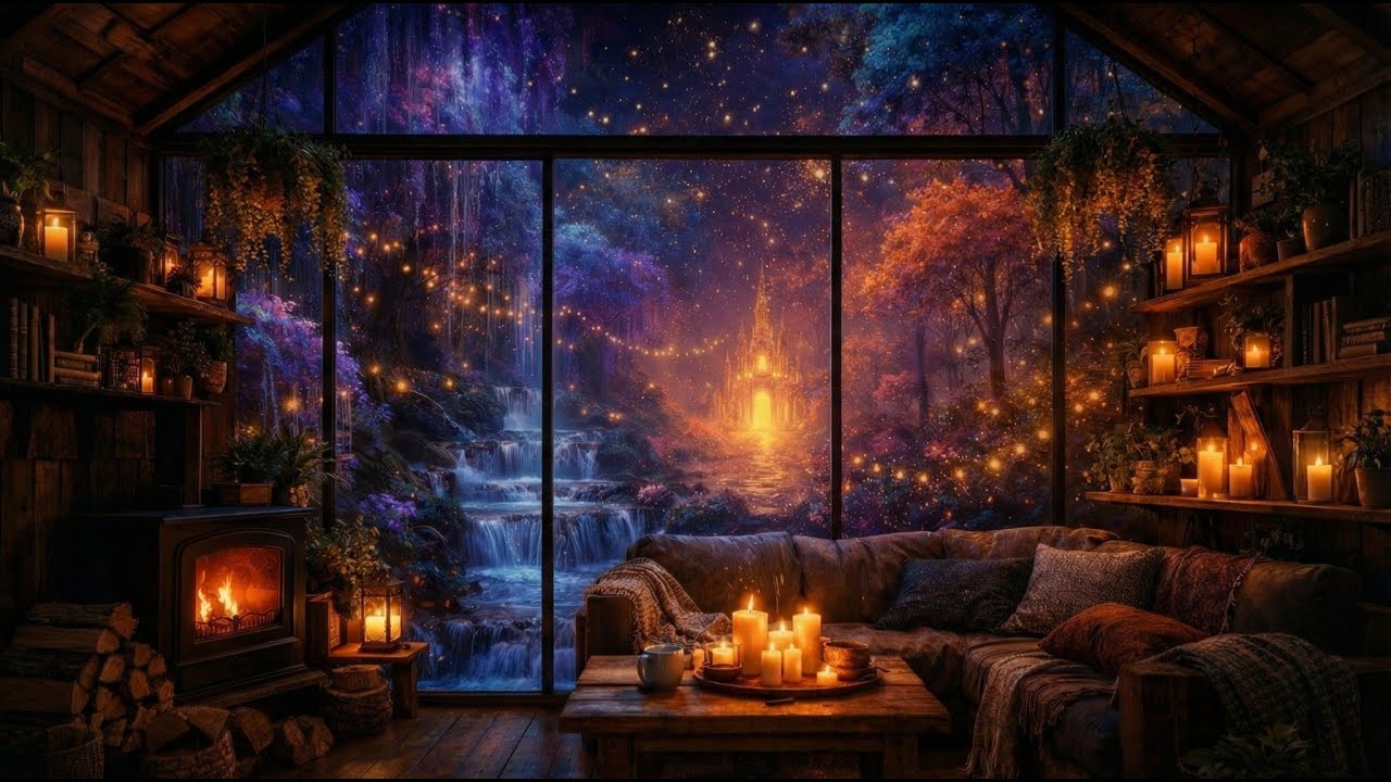Raining in the Enchanted Forest  Magical Cabin Night with Crackling Fire & Rain