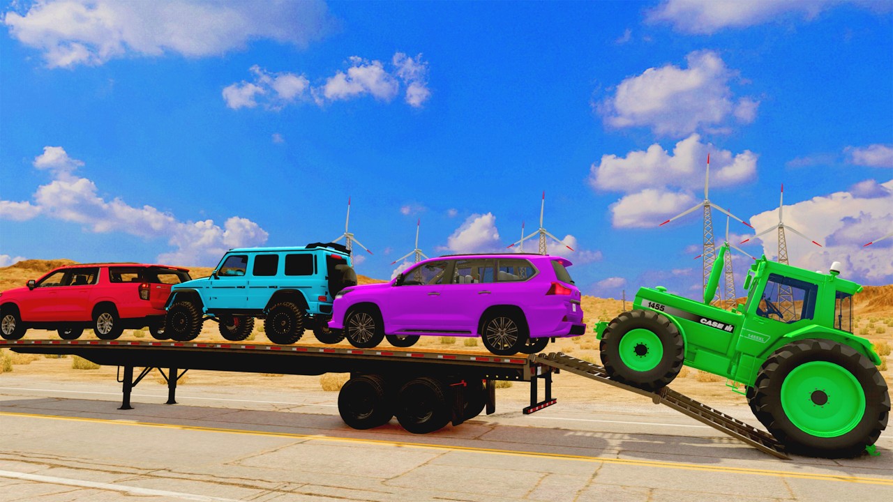 Flatbed Trailer McQueen & Monster Truck Transport | Cars vs Train and Low Bridge | BeamNG Drive #02