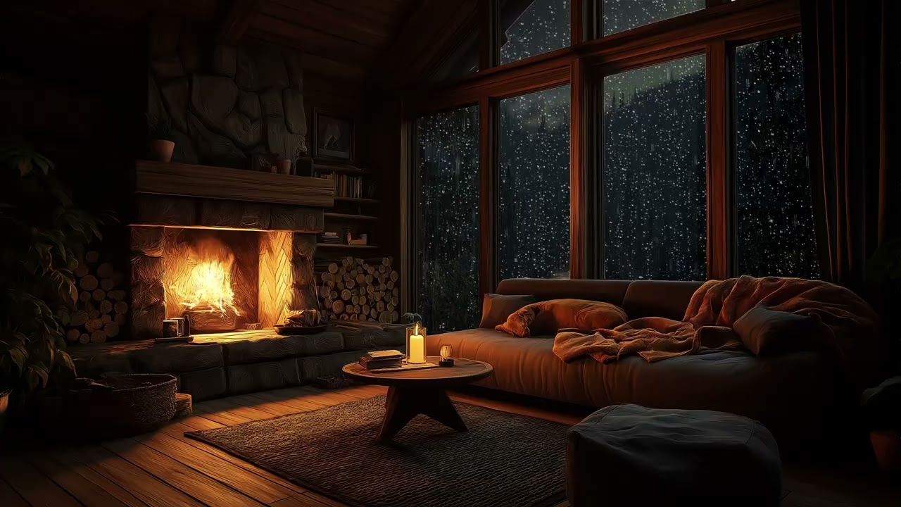 Unwind with a Heavy Thunderstorm in a Cozy Corner, Rain Sounds, and a Crackling Fireplace Ambience