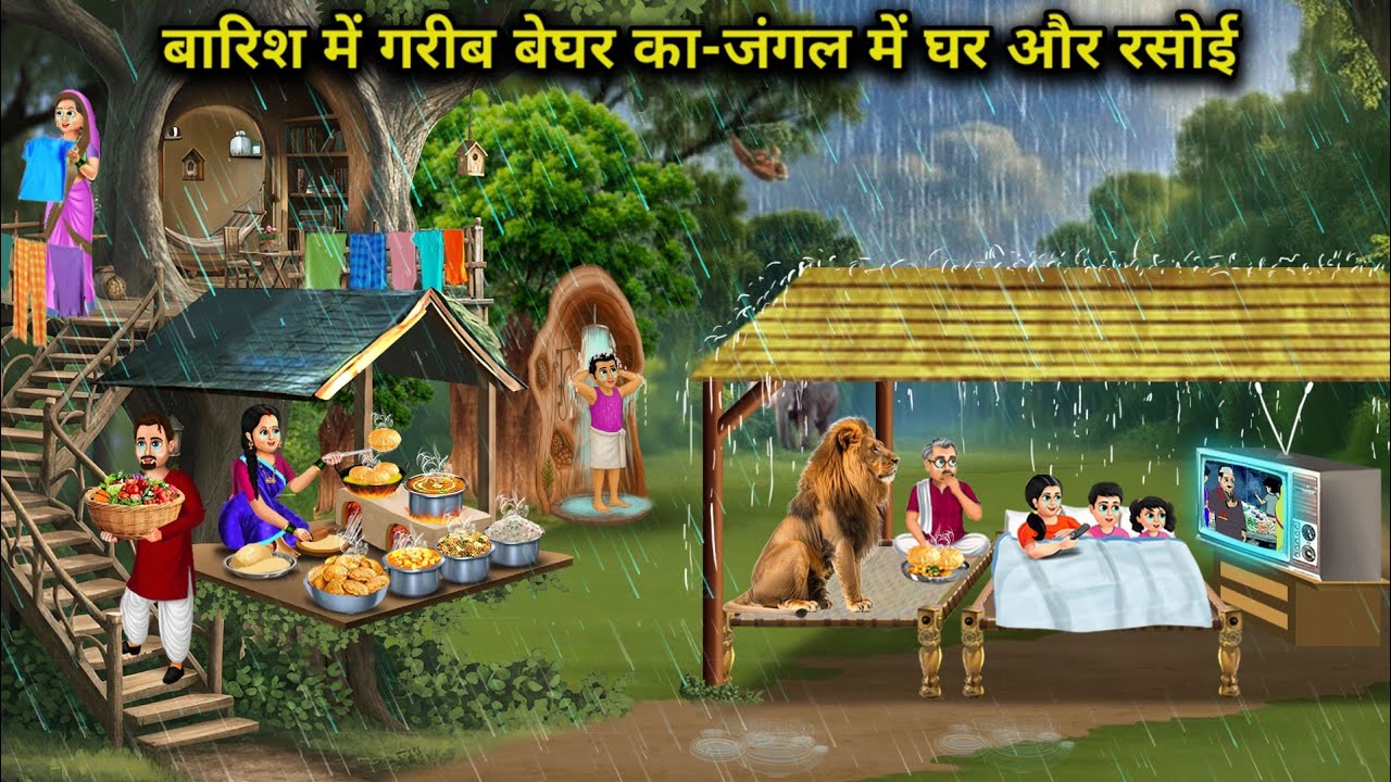 बारिश में गरीब बेघर का-जंगल में घर और रसोई | Poor Homeless Man In Rain-House And Kitchen In Forest |